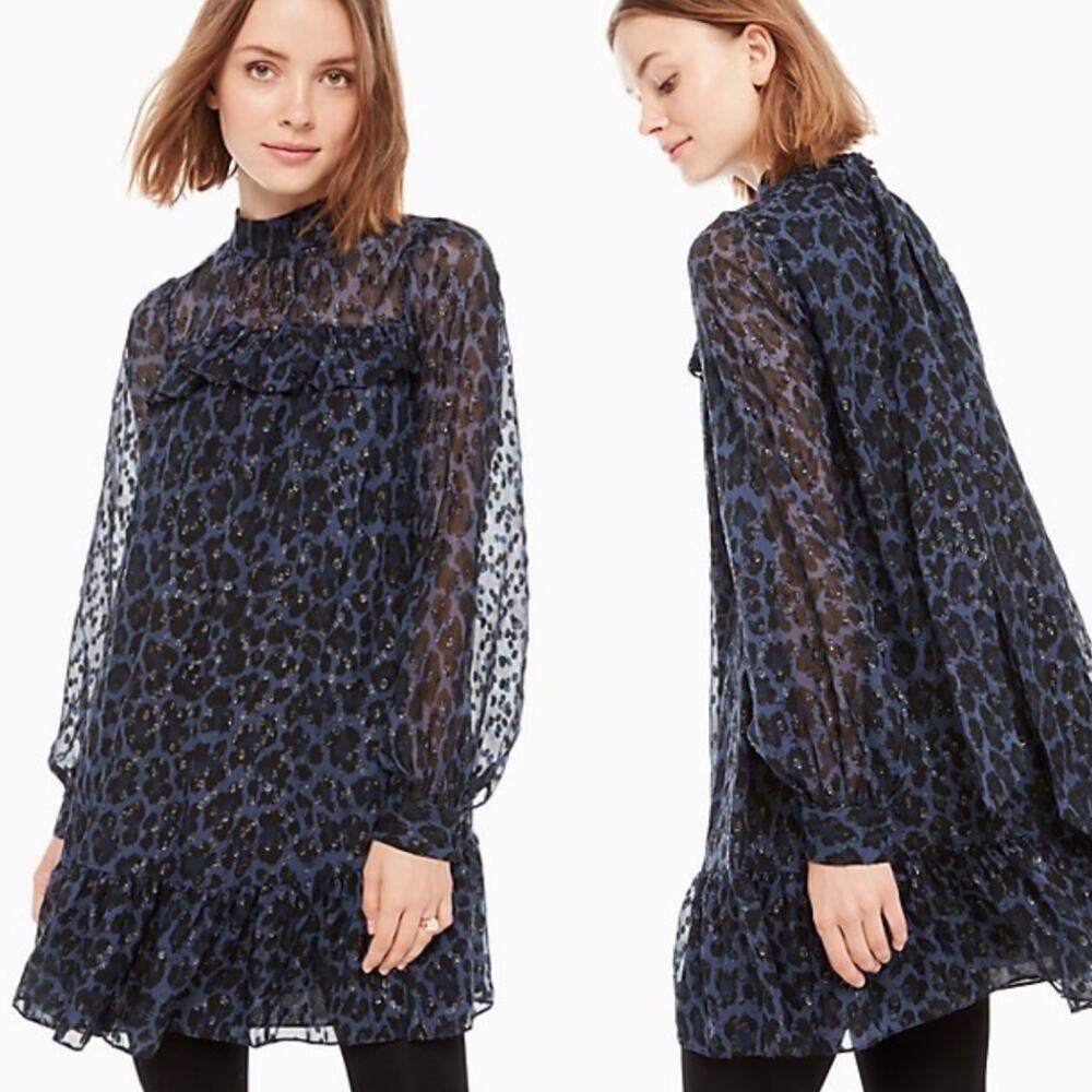 Kate Spade Silk Metallic Clip Dot Leopard Print Mini Dress Tie Neck Long Sleeve